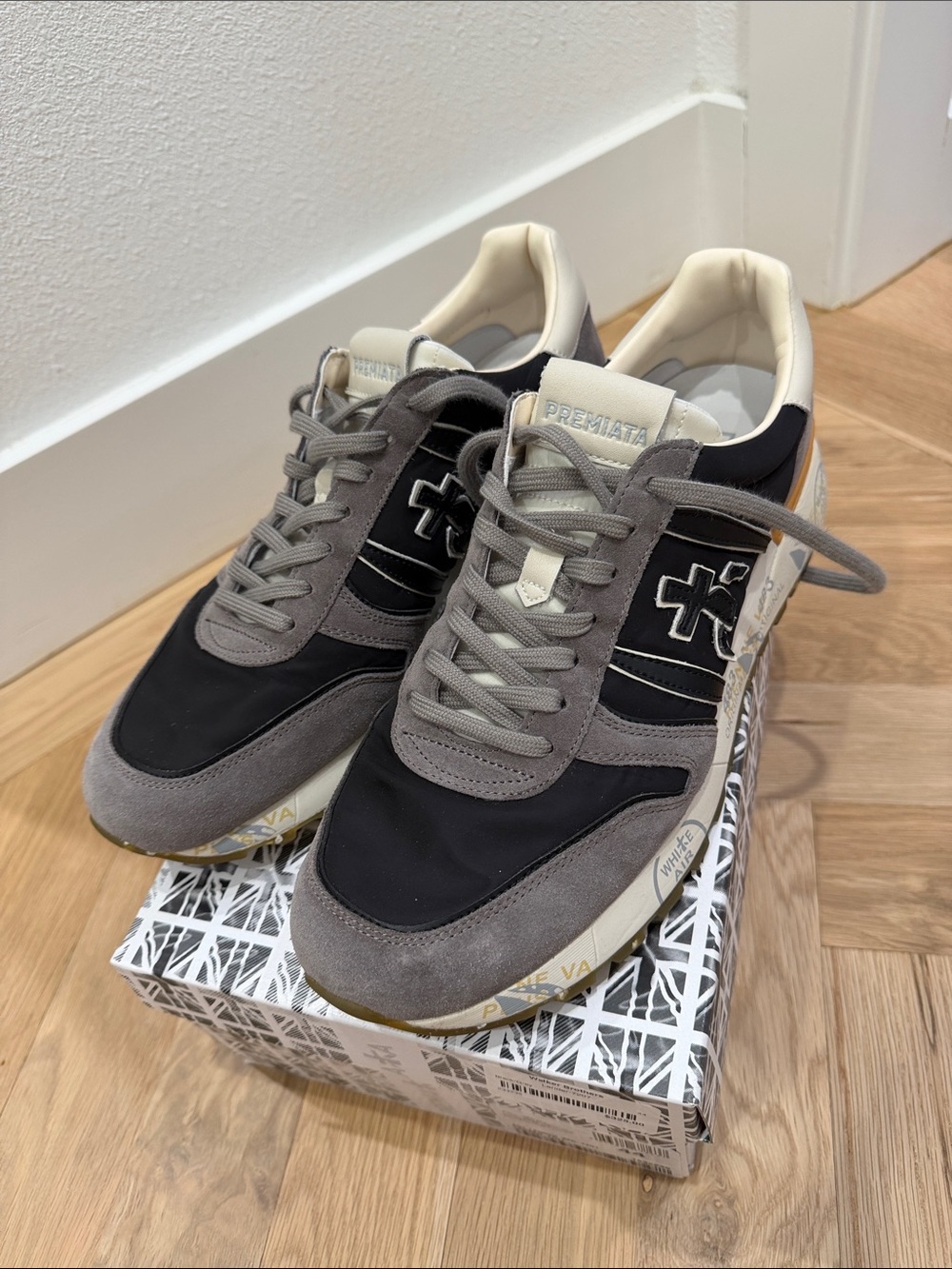 Premiata Men's Lander Black, Gray & Cream Suede Sneakers